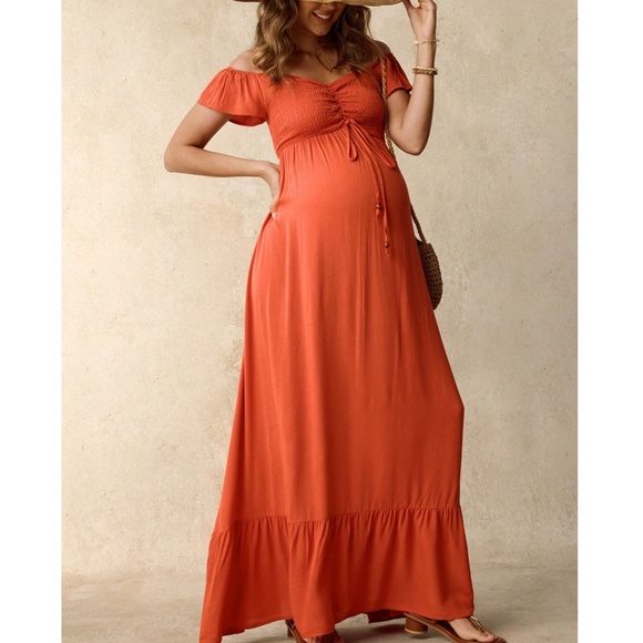 Boho Orange Off Shoulder Smocked High Waisted Maxi Dress - Picture 3 of 6